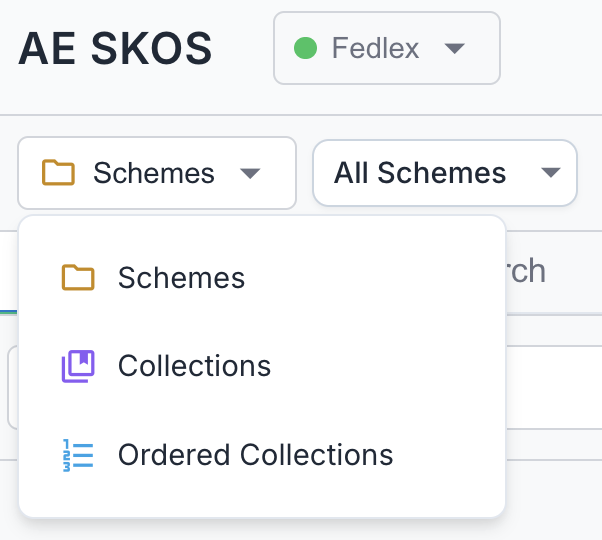 Breadcrumb dropdown showing Schemes, Collections, and Ordered Collections options
