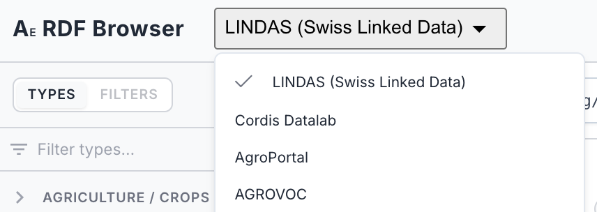 The header endpoint dropdown open, listing the bundled endpoints with a checkmark on the currently selected LINDAS