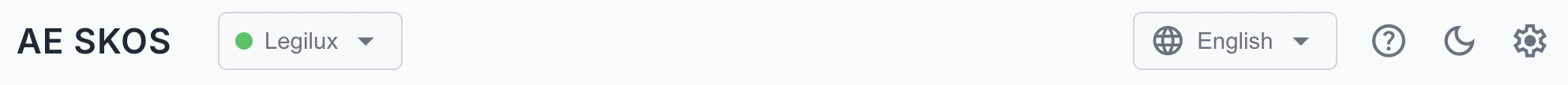 Header toolbar showing endpoint badge, language selector, help, dark mode, and settings buttons