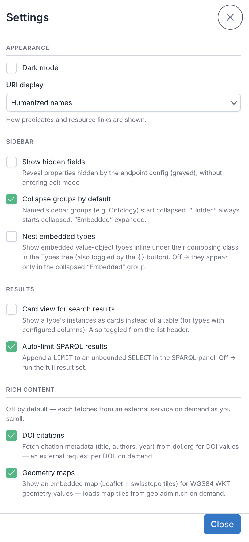 The Settings dialog with Appearance (dark mode, URI display), Sidebar, Results, and Rich content sections, DOI citations and Geometry maps toggled on