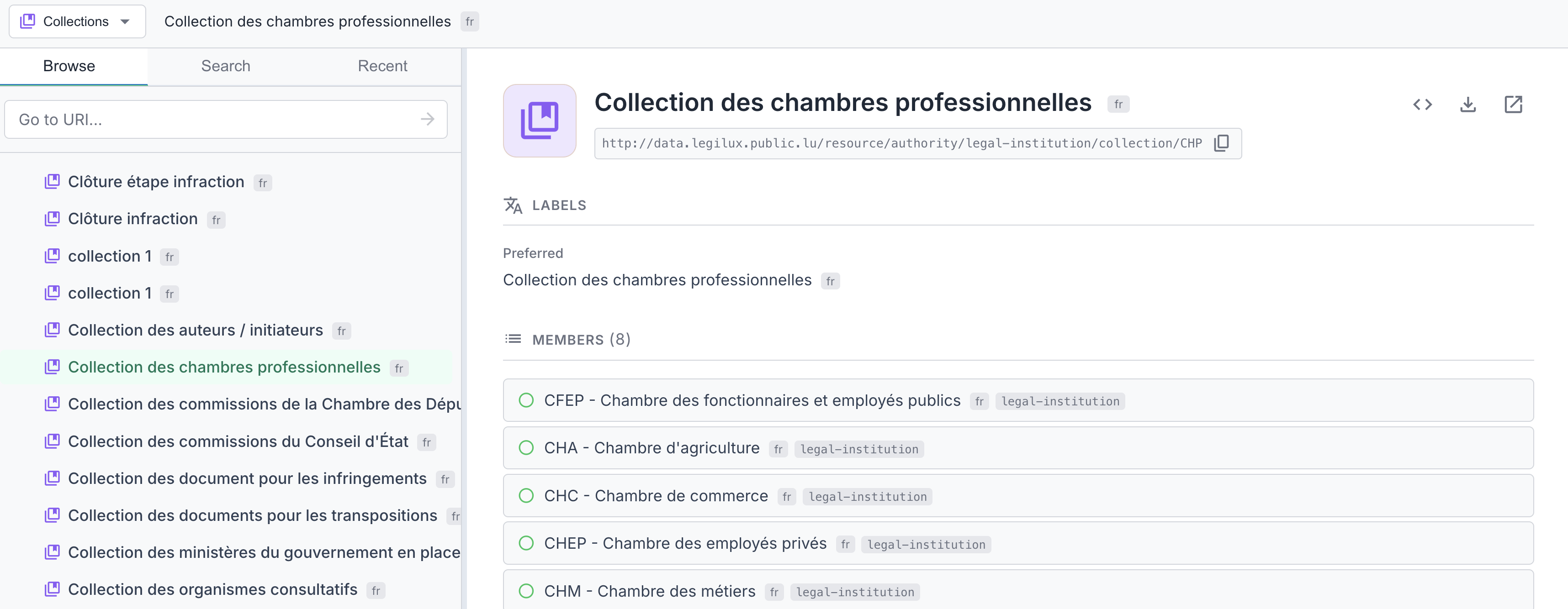 Collection details panel showing labels and members