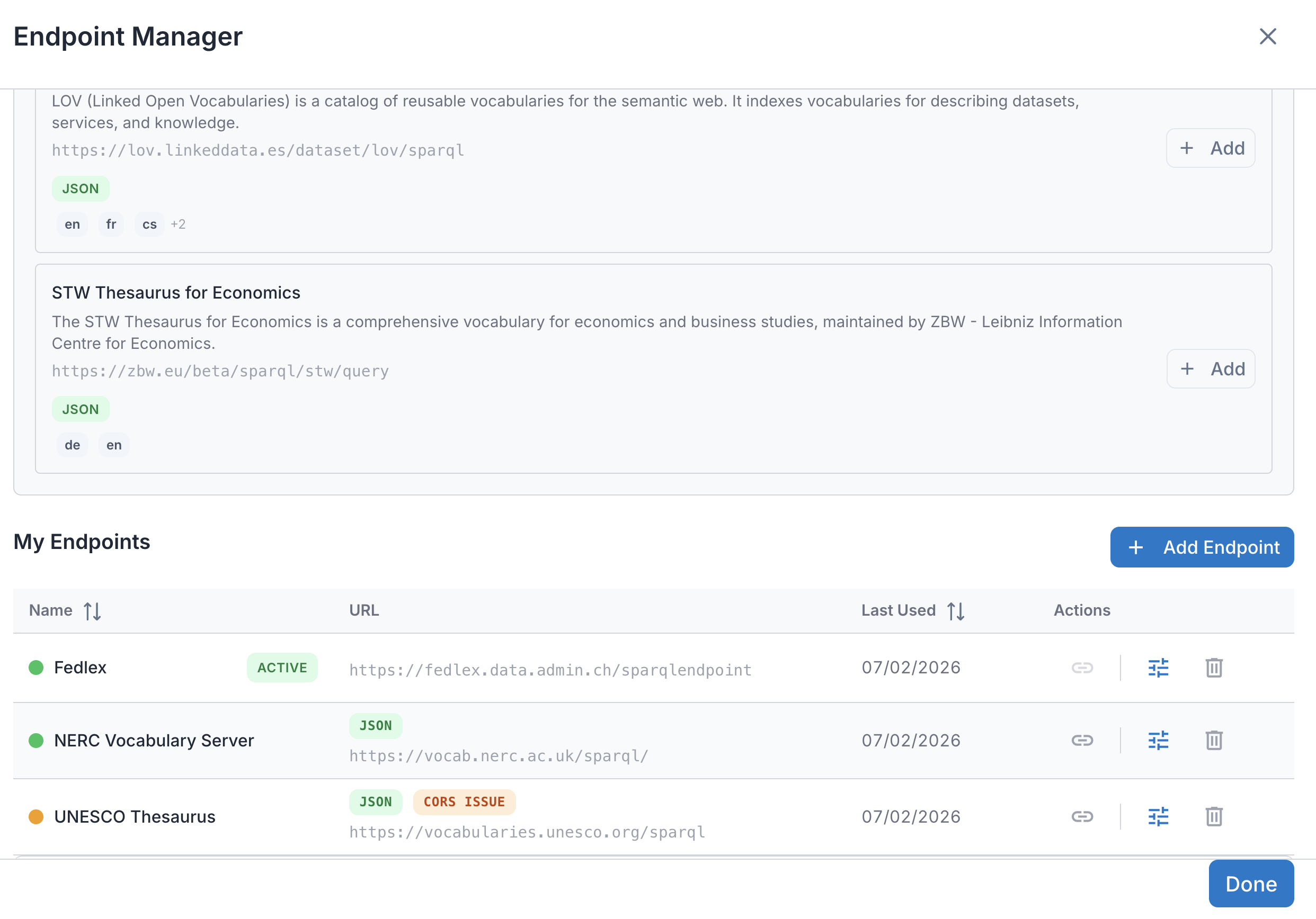 Endpoint Manager showing configured endpoints