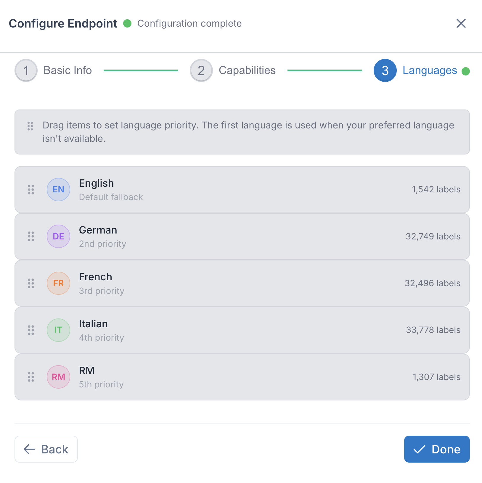 Language priority configuration with drag-and-drop