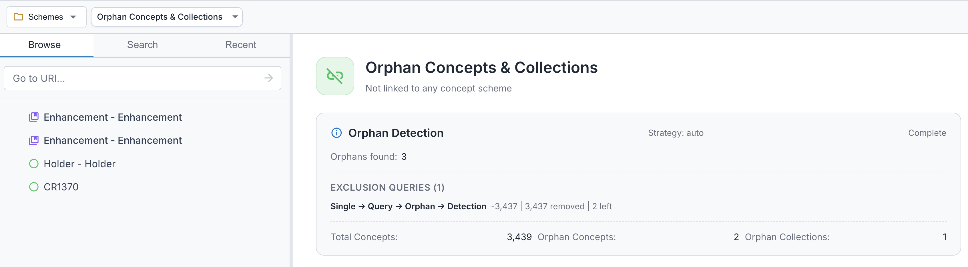 Orphan detection results showing orphan concepts and collections