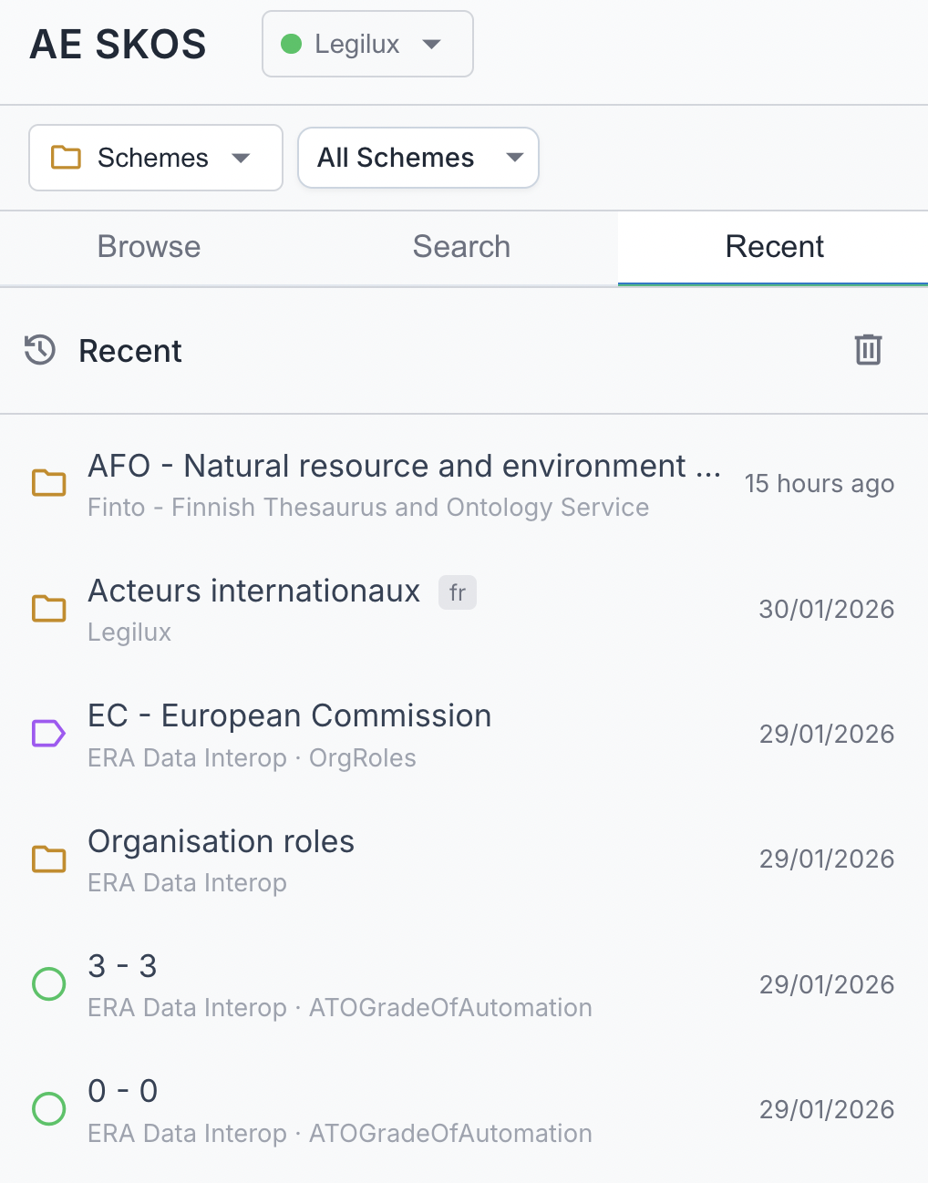 Recent history panel showing visited concepts and schemes
