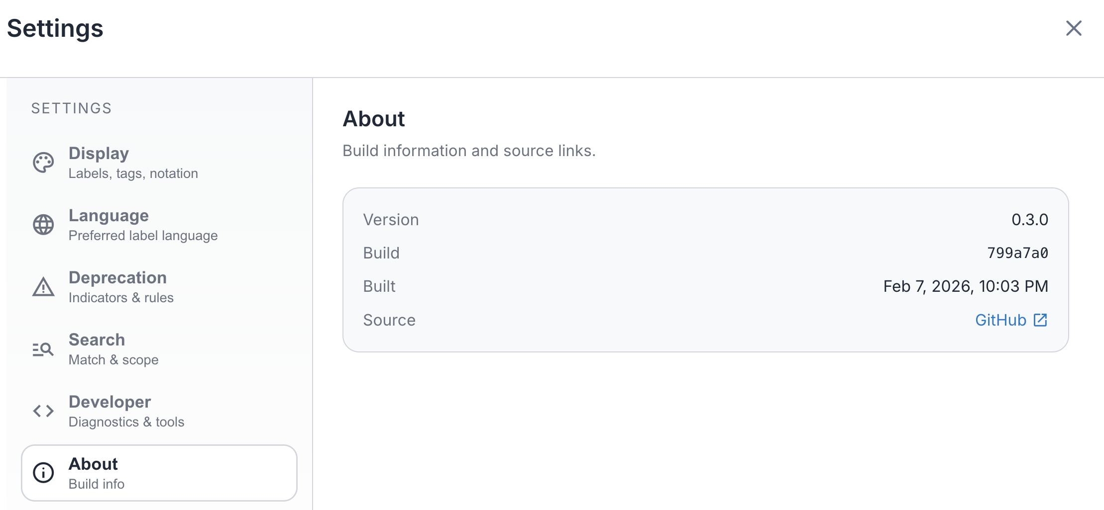 Settings About section showing version, build, and source link