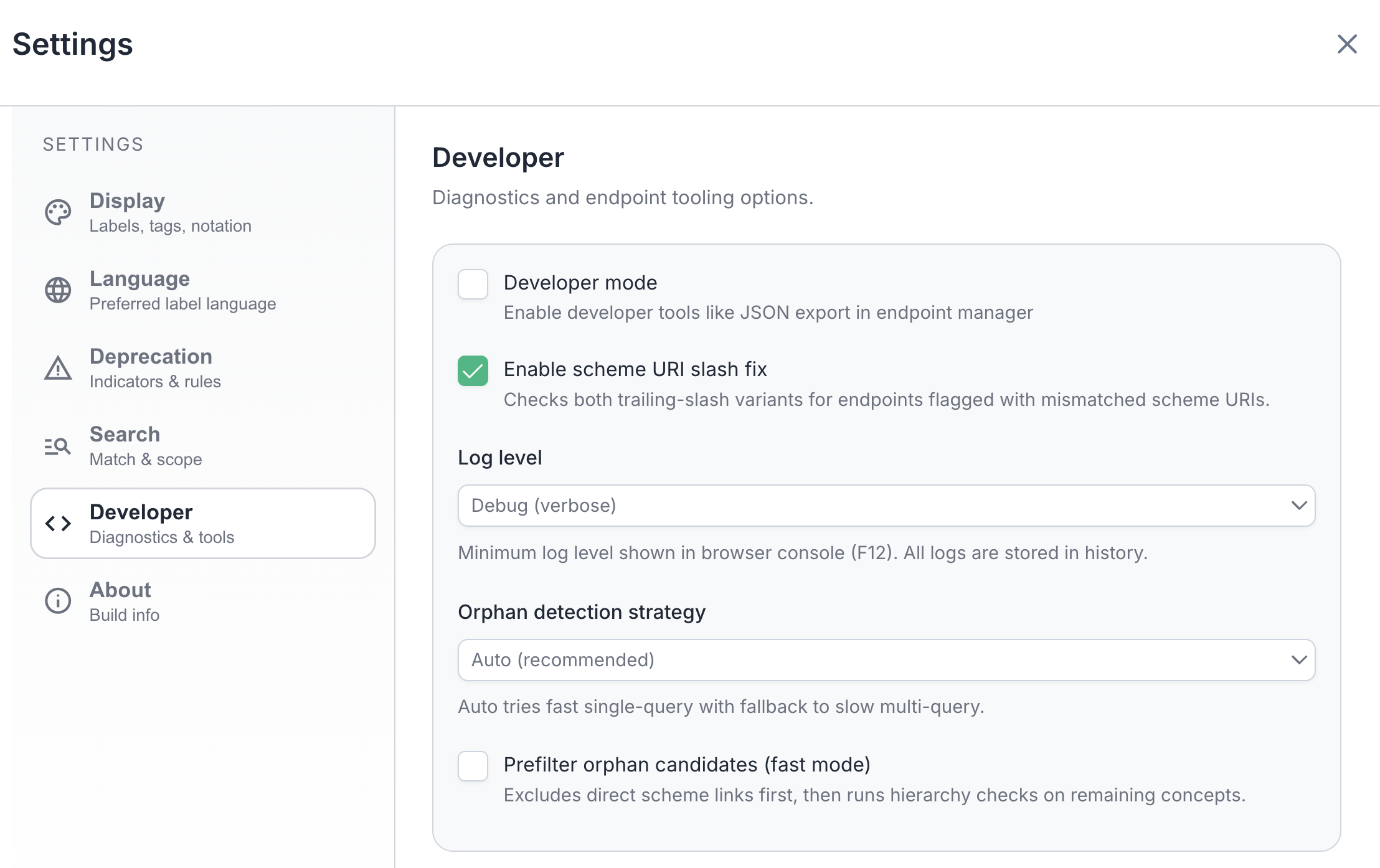 Settings Developer section showing diagnostics and tooling options