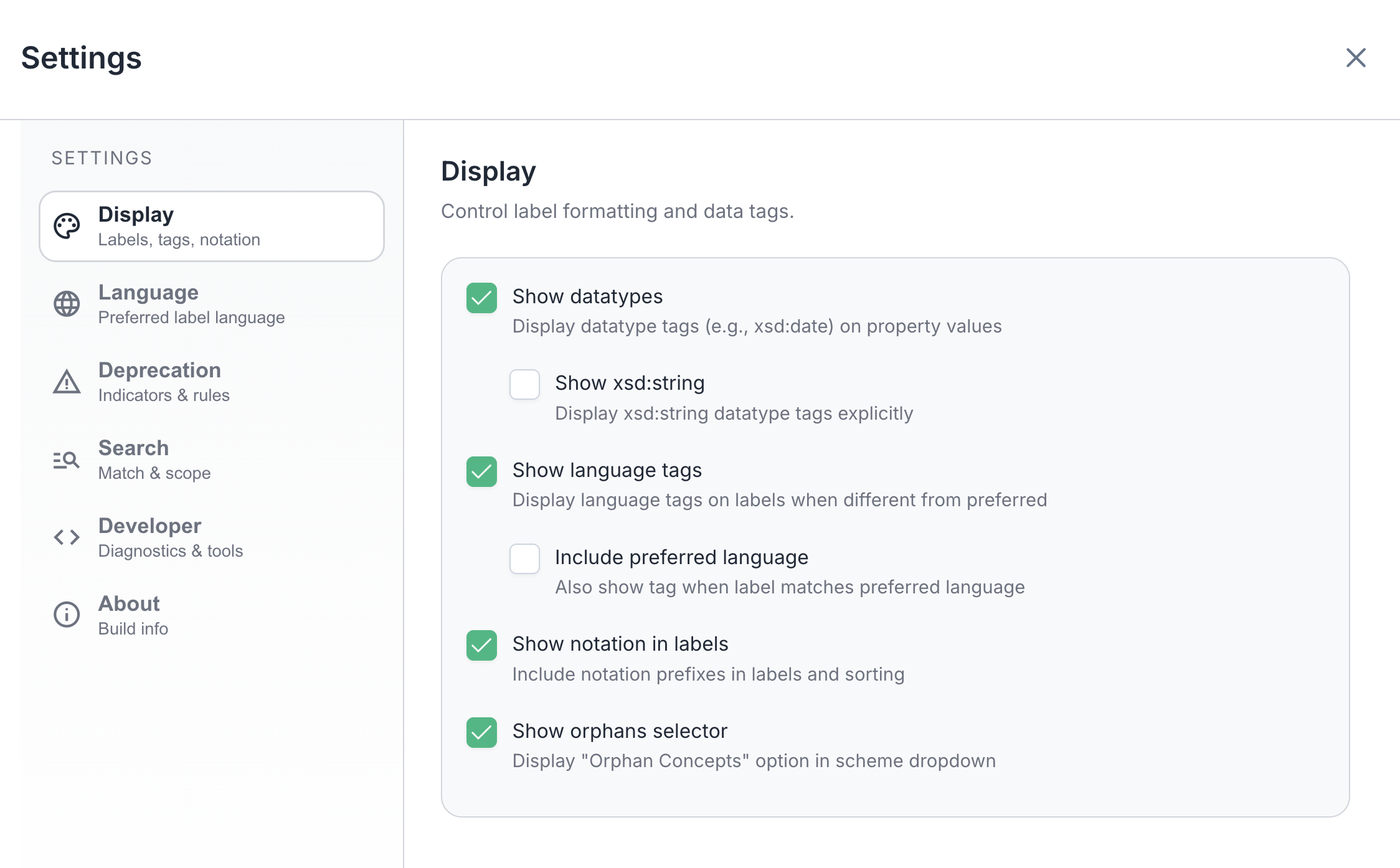 Settings dialog showing Display section