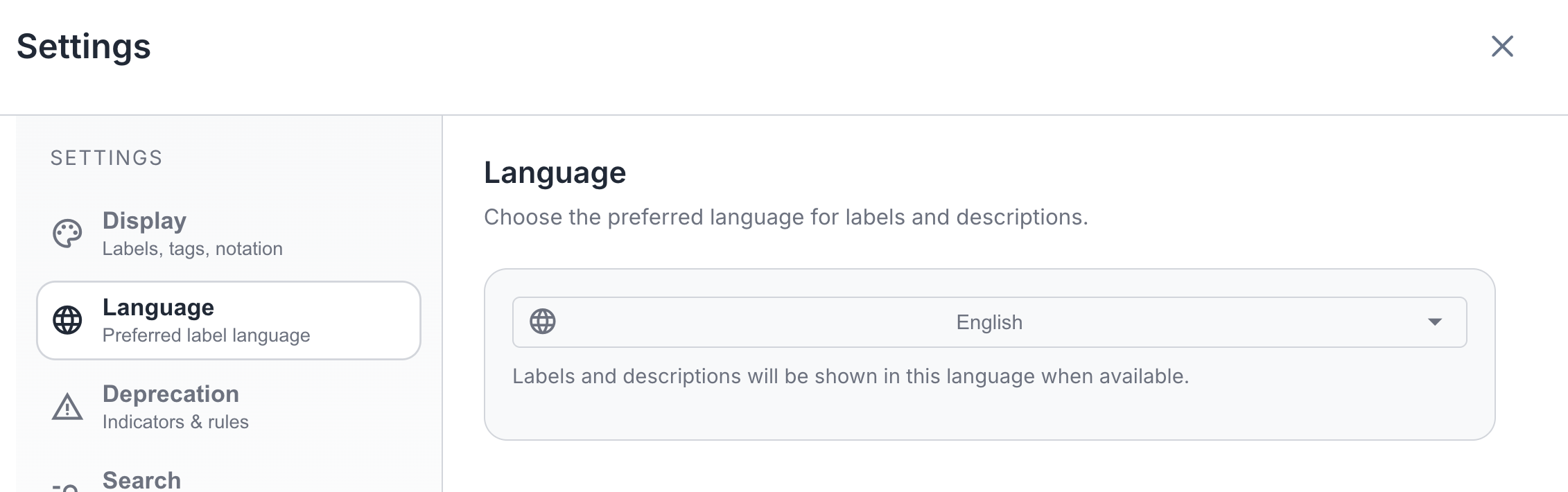 Settings Language section showing language dropdown