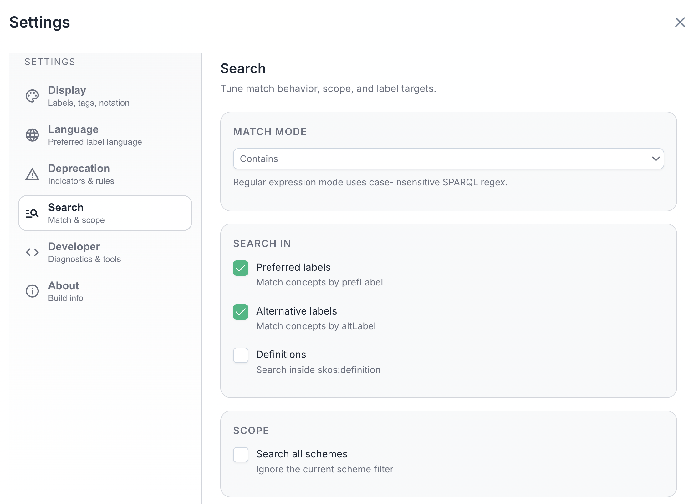 Settings Search section showing match mode, search targets, and scope